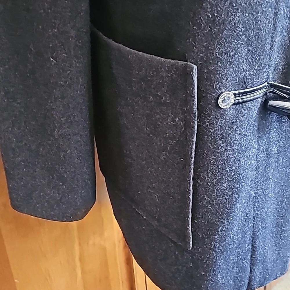 Liz Claiborne wool hooded long jacket zipper front decorative buttons Large - Picture 5 of 11